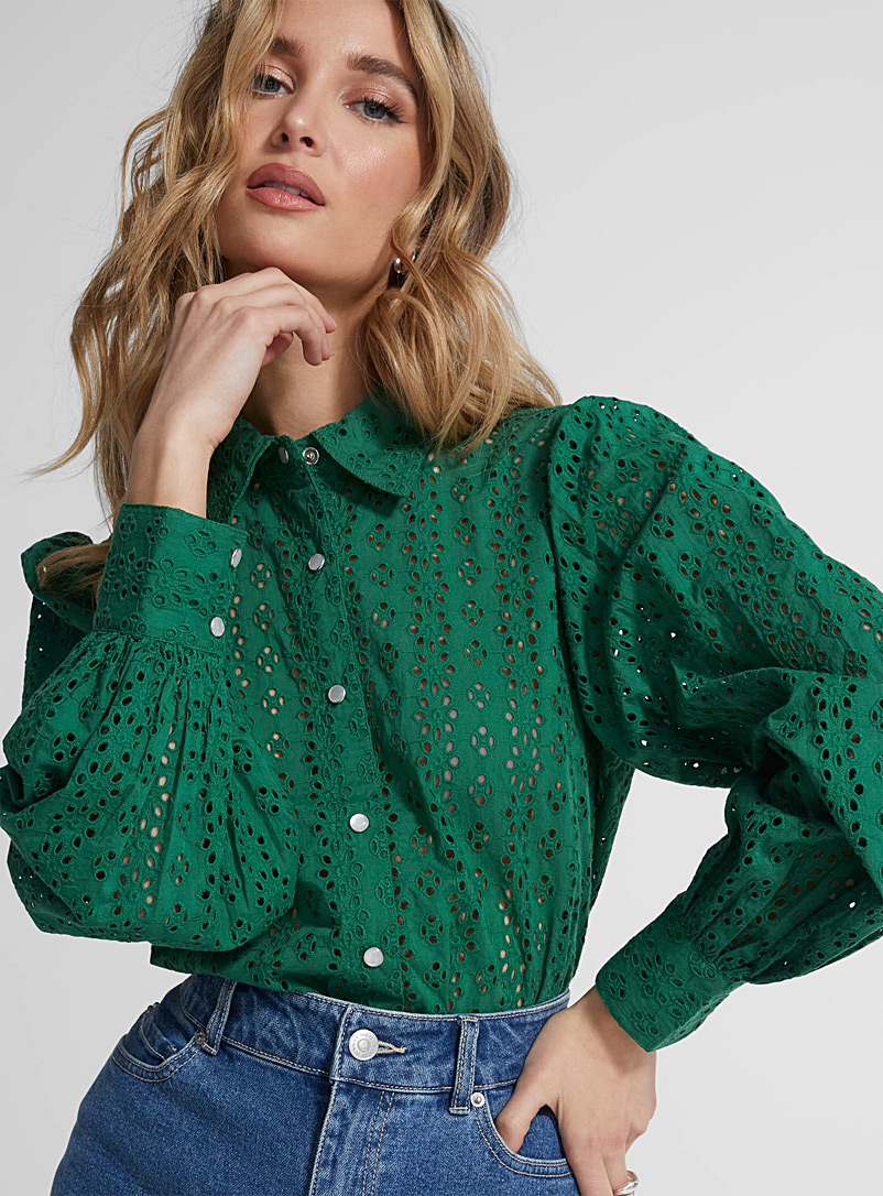Icône Green Broderie anglaise puff-sleeve shirt for women