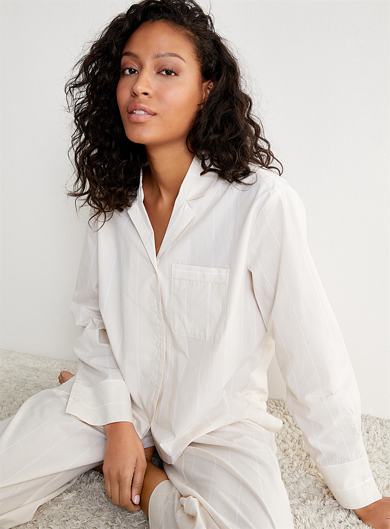Miiyu Beige Striped poplin pyjama set for women