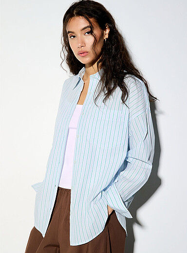 Ic&ocirc;ne Patterned Blue Oversized striped shirt for women