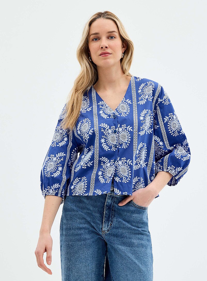 Contemporaine: La blouse col V broderie paisley Bleu pour femme