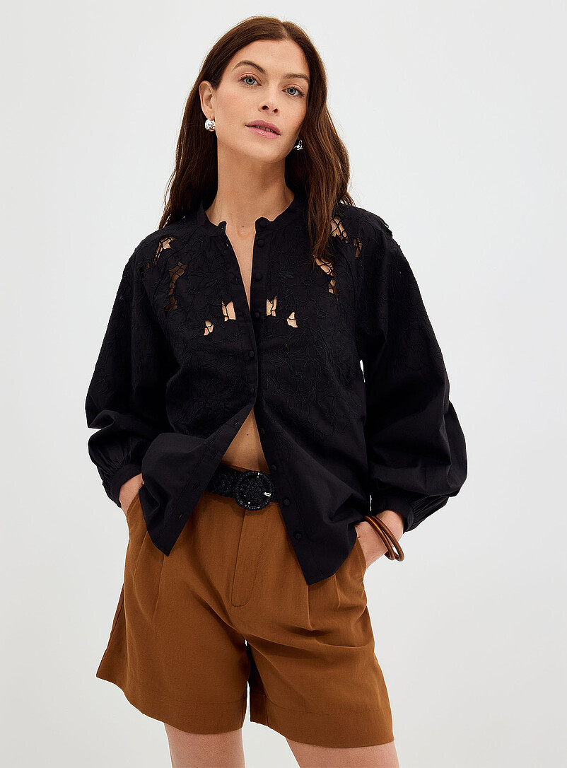 Contemporaine Black Richelieu embroidery stand-collar blouse for women