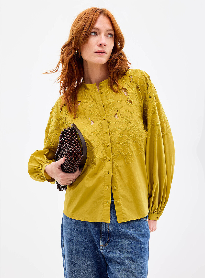 Contemporaine Black Richelieu embroidery stand-collar blouse for women