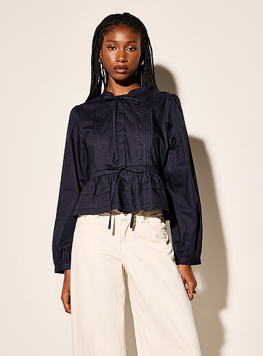 Ic&ocirc;ne Navy/Midnight Blue Frill-collar tie peplum blouse for women