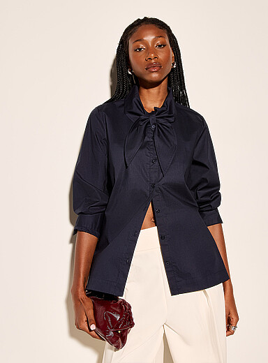 Ic&ocirc;ne Navy/Midnight Blue Scarf-collar oversized shirt for women
