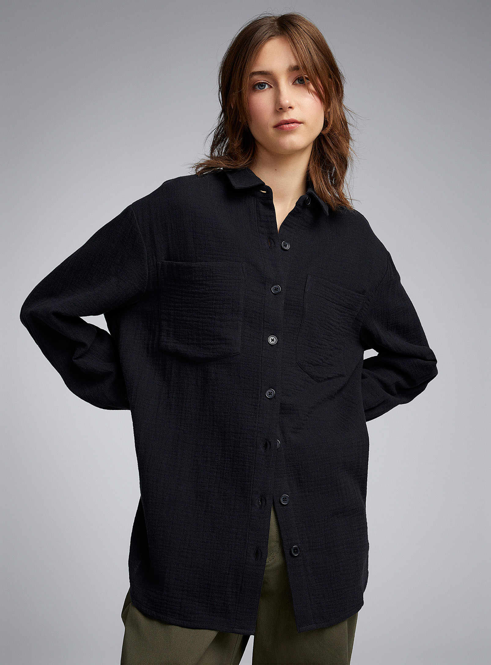 Twik Loose Organic Cotton Gauze Shirt In Black