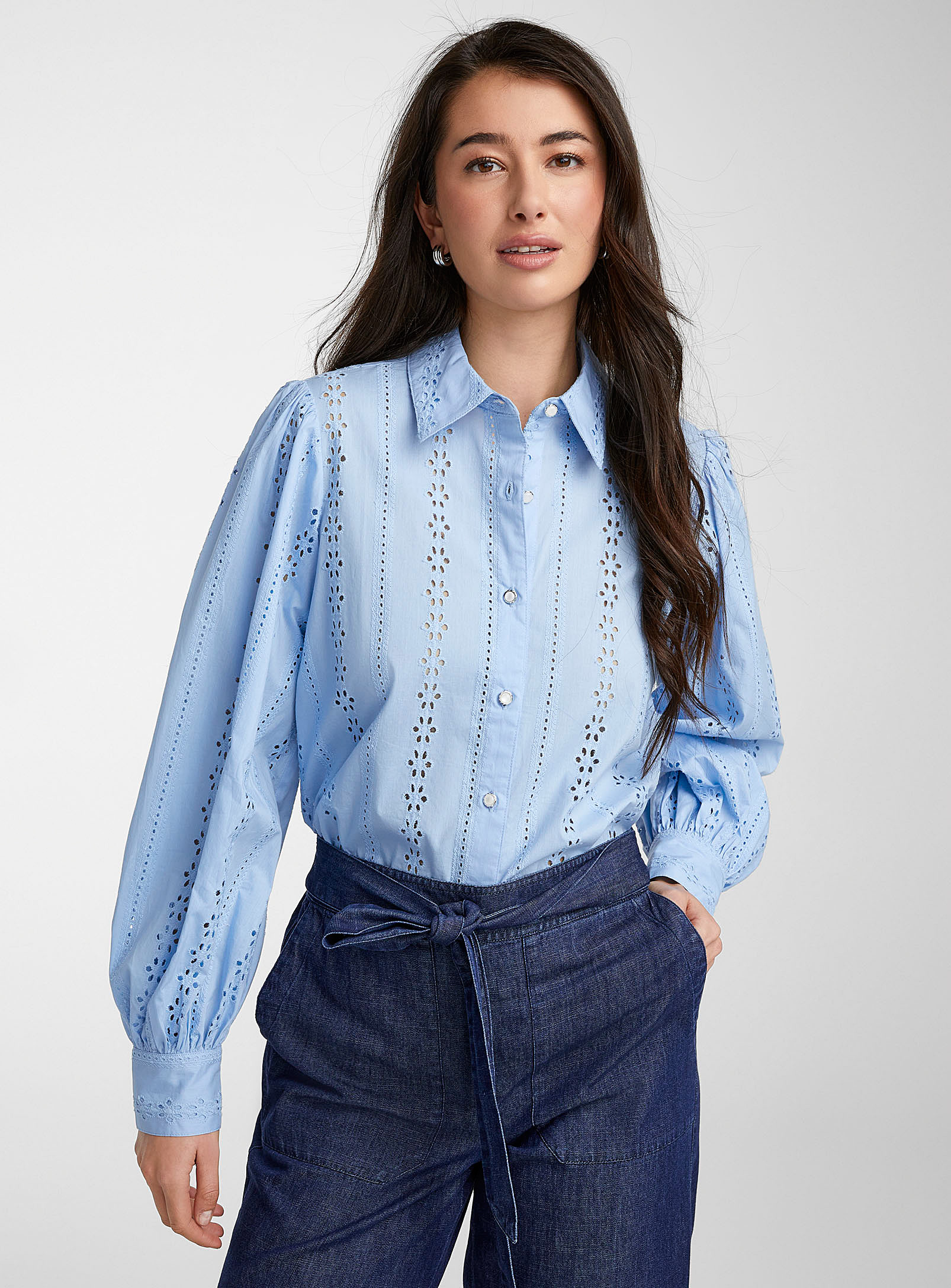 Icone Puff-sleeve Broderie Anglaise Shirt In Baby Blue