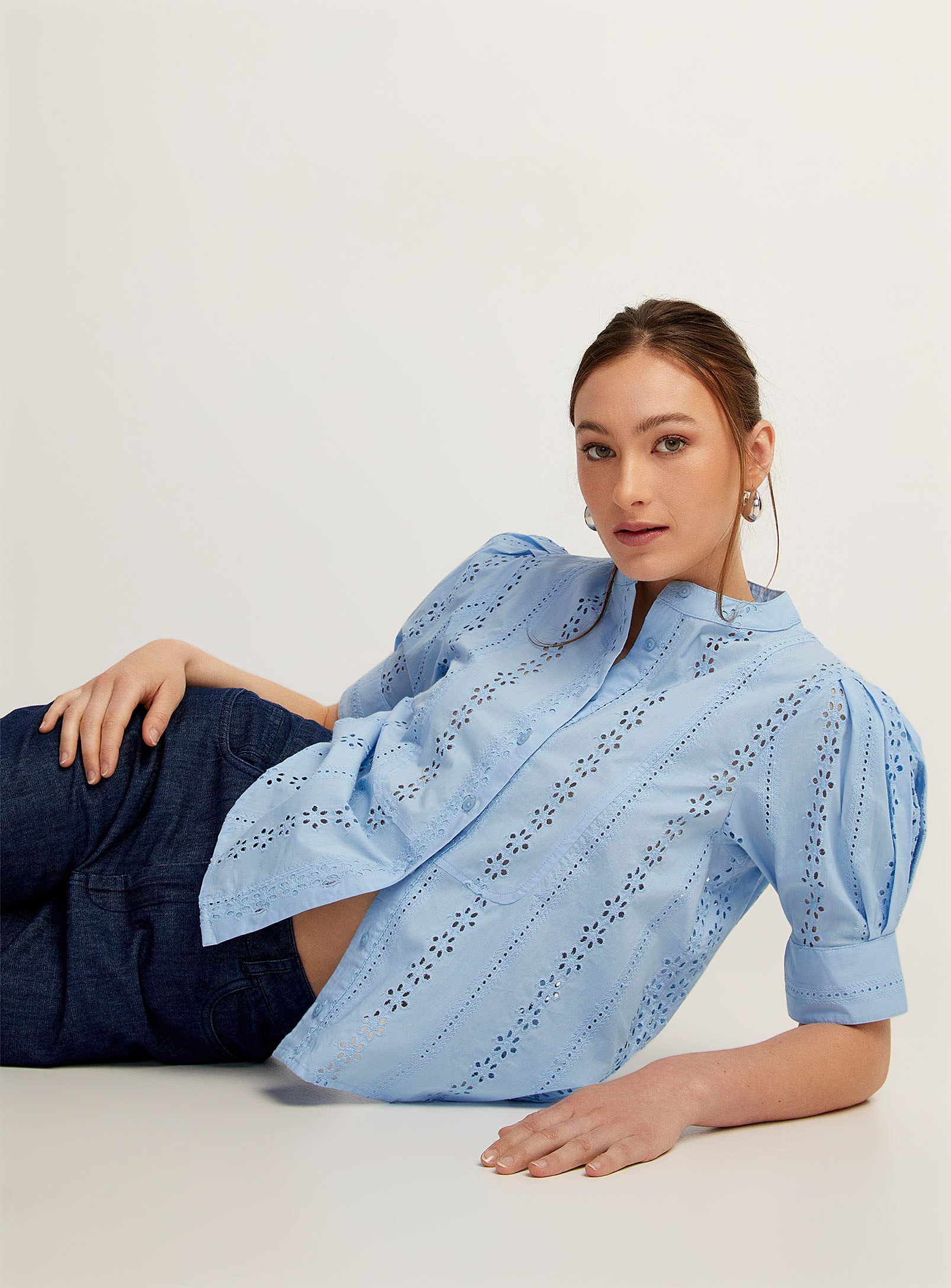 Icone Officer Collar Broderie Anglaise Blouse In Baby Blue