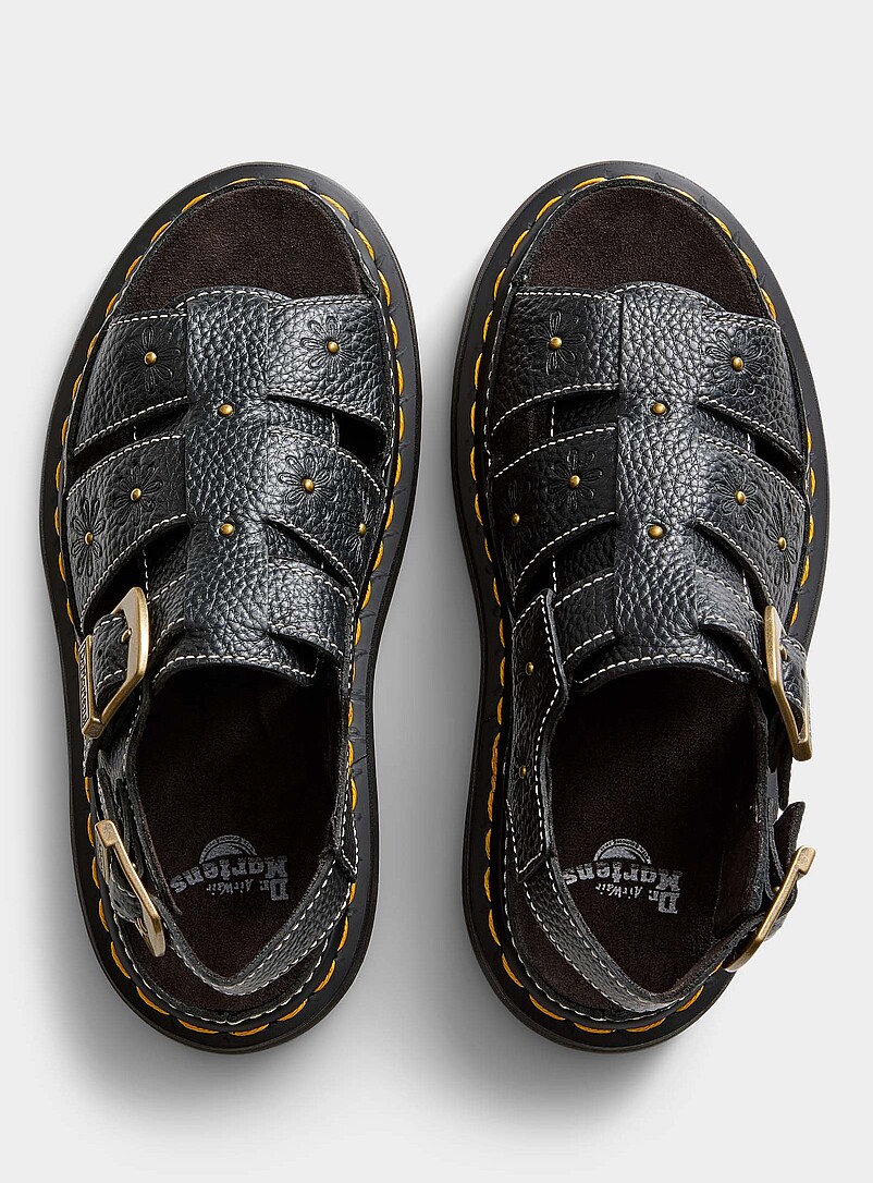 Dr. Martens: La sandale p&ecirc;cheur bout ouvert cuir &agrave; fleurs Wrenlie Femme Noir pour femme