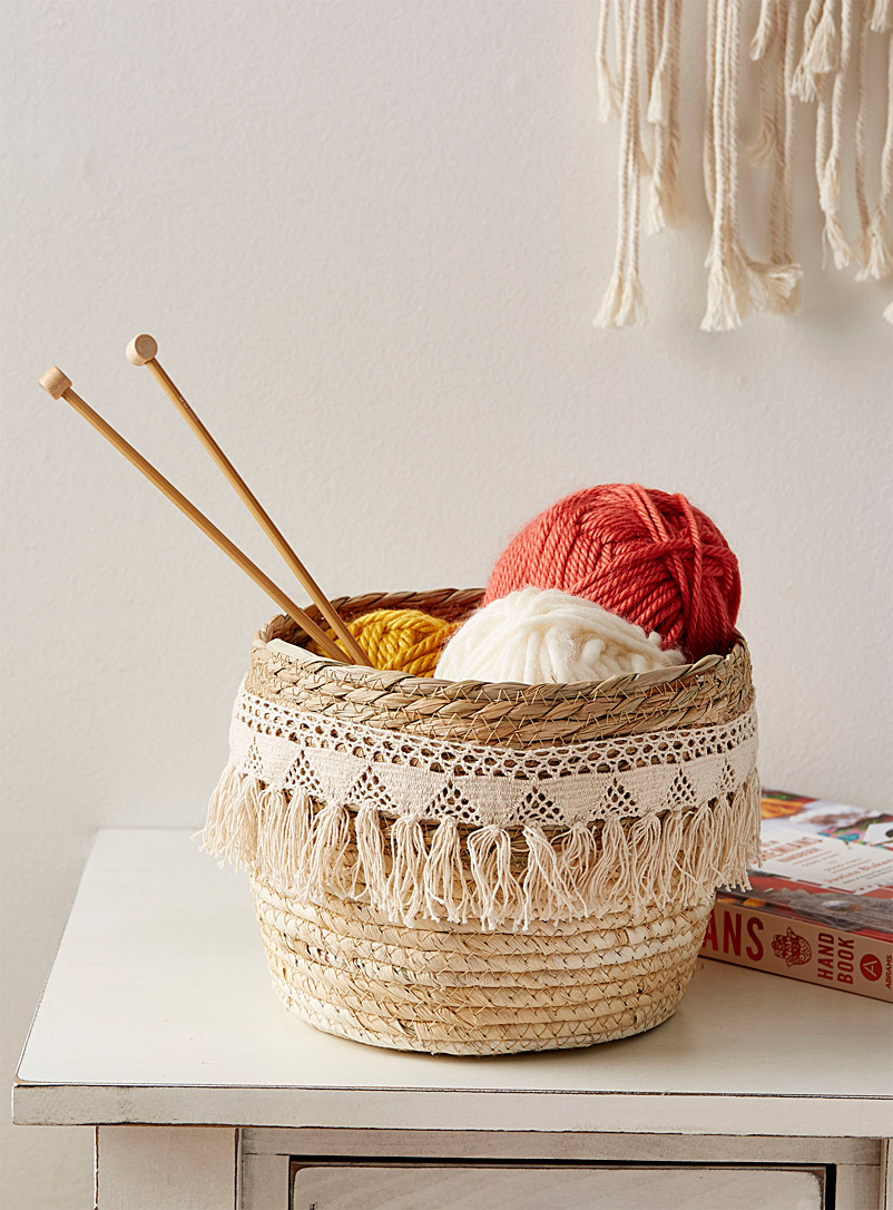 Simons Maison Ecru/Linen Straw and crochet macramé basket