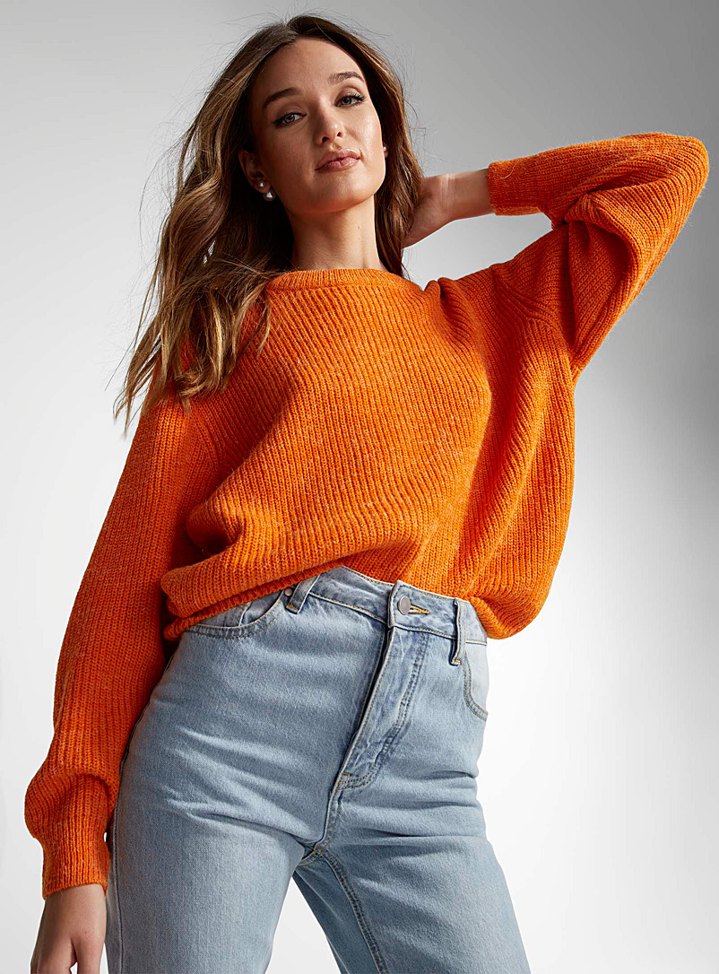 ICHI Orange Fuzzy knit loose sweater for women