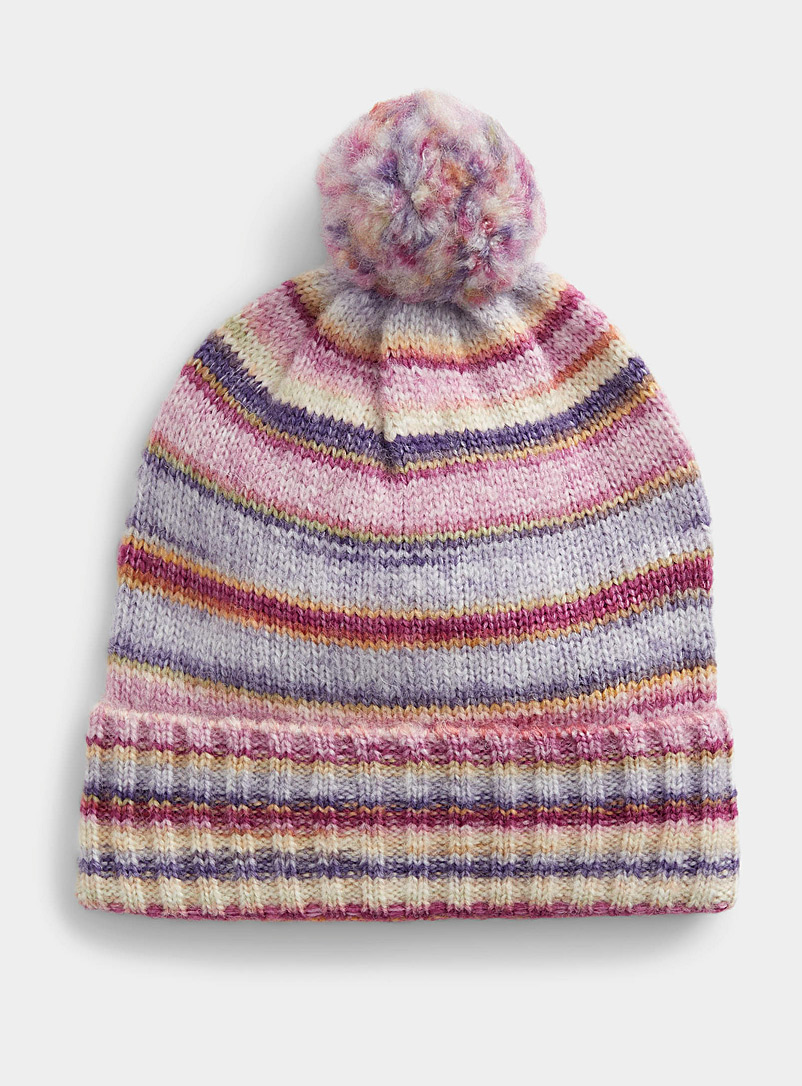 ICHI Patterned Crimson Candy stripe pompom tuque for women