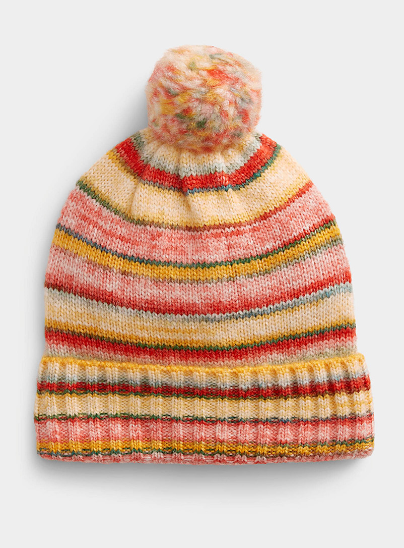 ICHI Patterned Orange Candy stripe pompom tuque for women