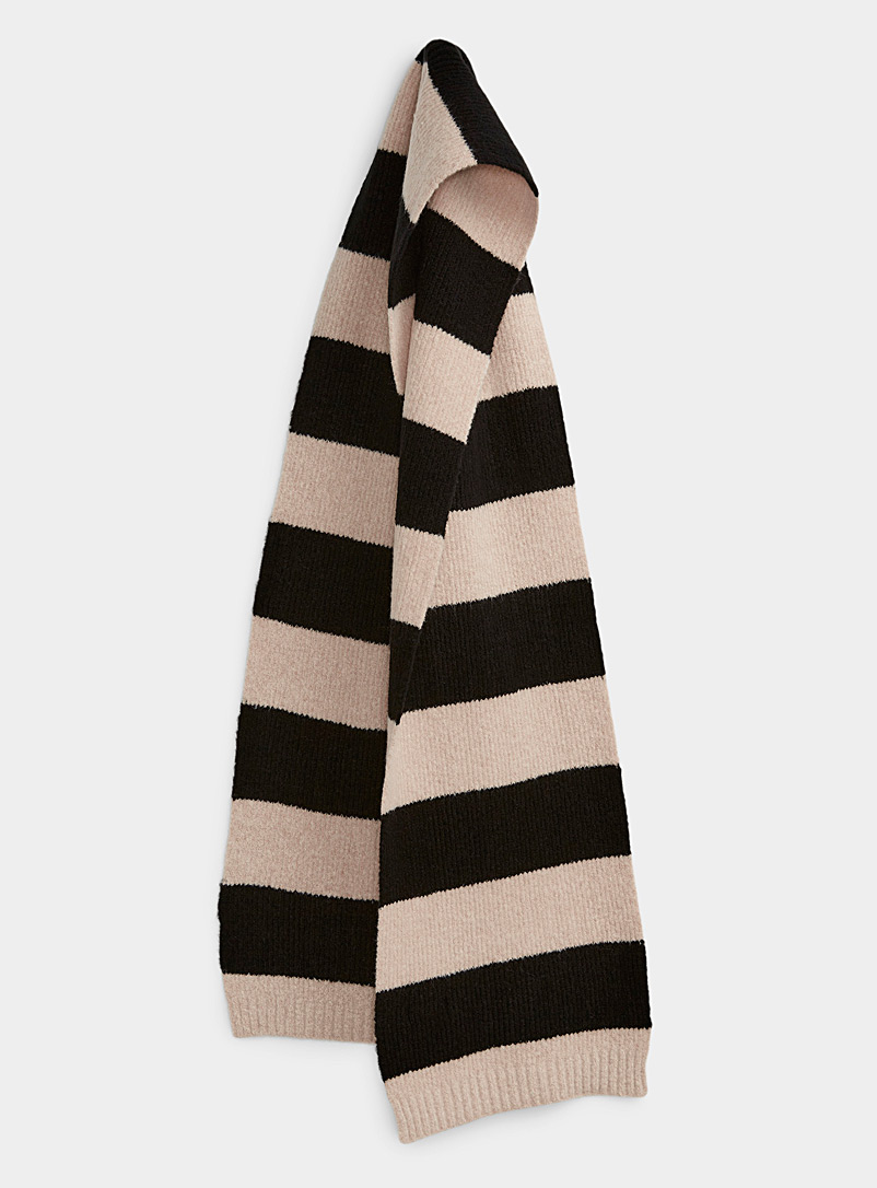 ICHI Black Twin-stripe ribbed scarf for women