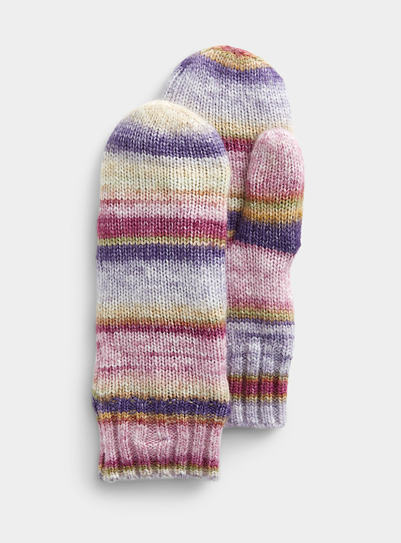ICHI Patterned Crimson Candy stripe mittens for women