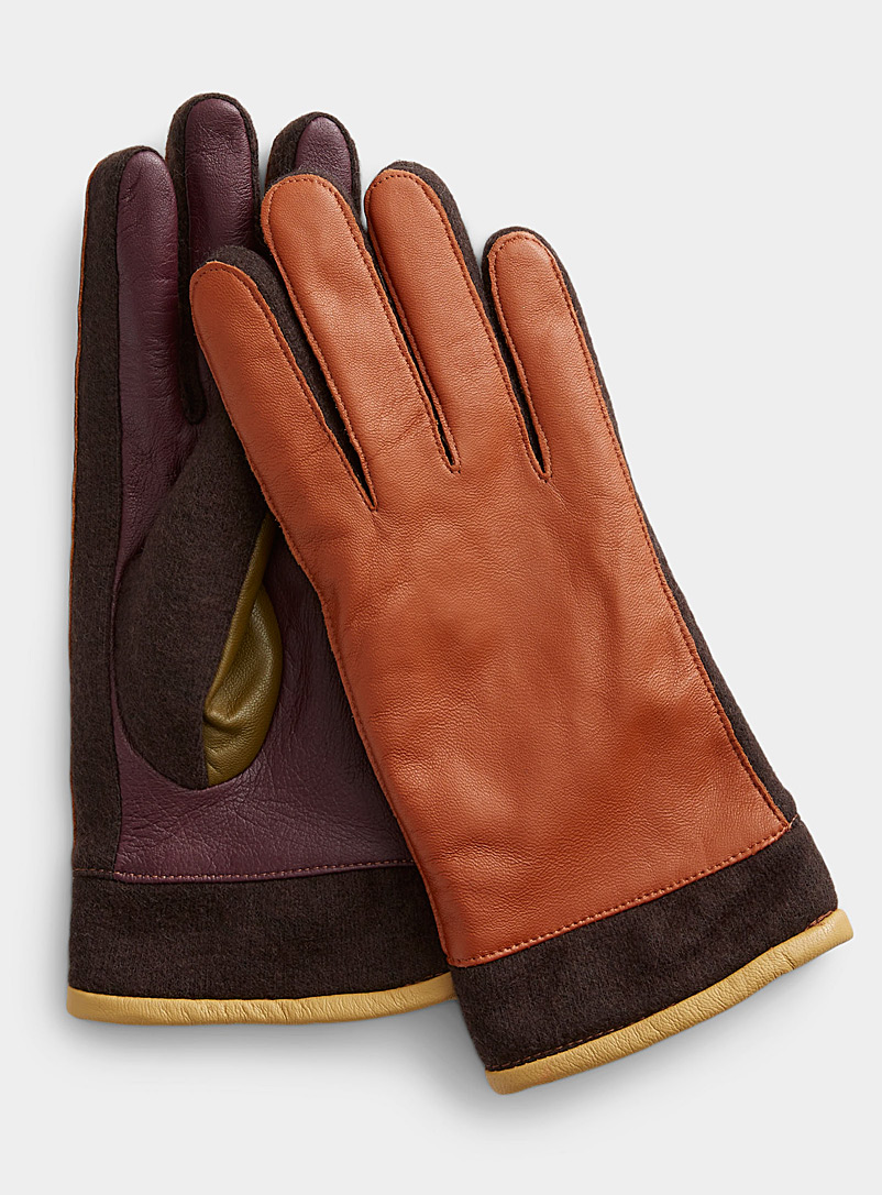 ICHI: Le gant cuir blocs couleurs Brun à motifs pour femme