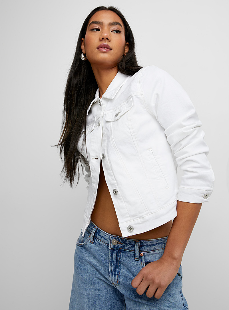 ICHI White Topstitched seams white denim jacket for women