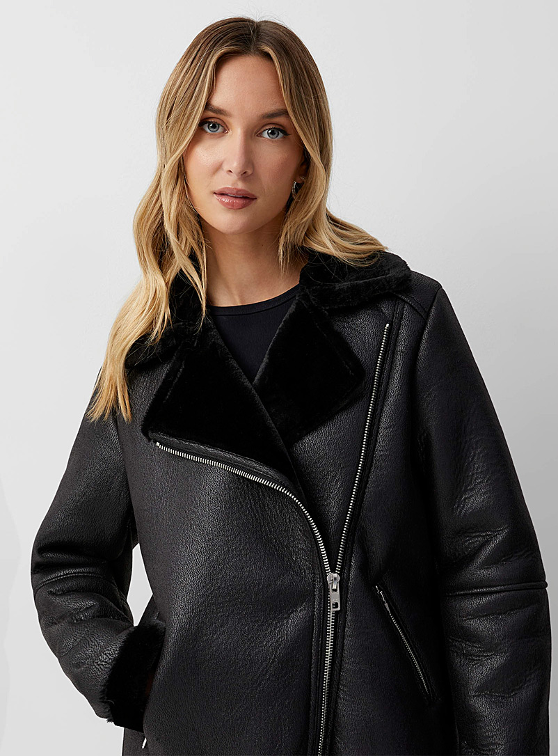 ICHI Black Faux-leather and fur loose biker jacket for women