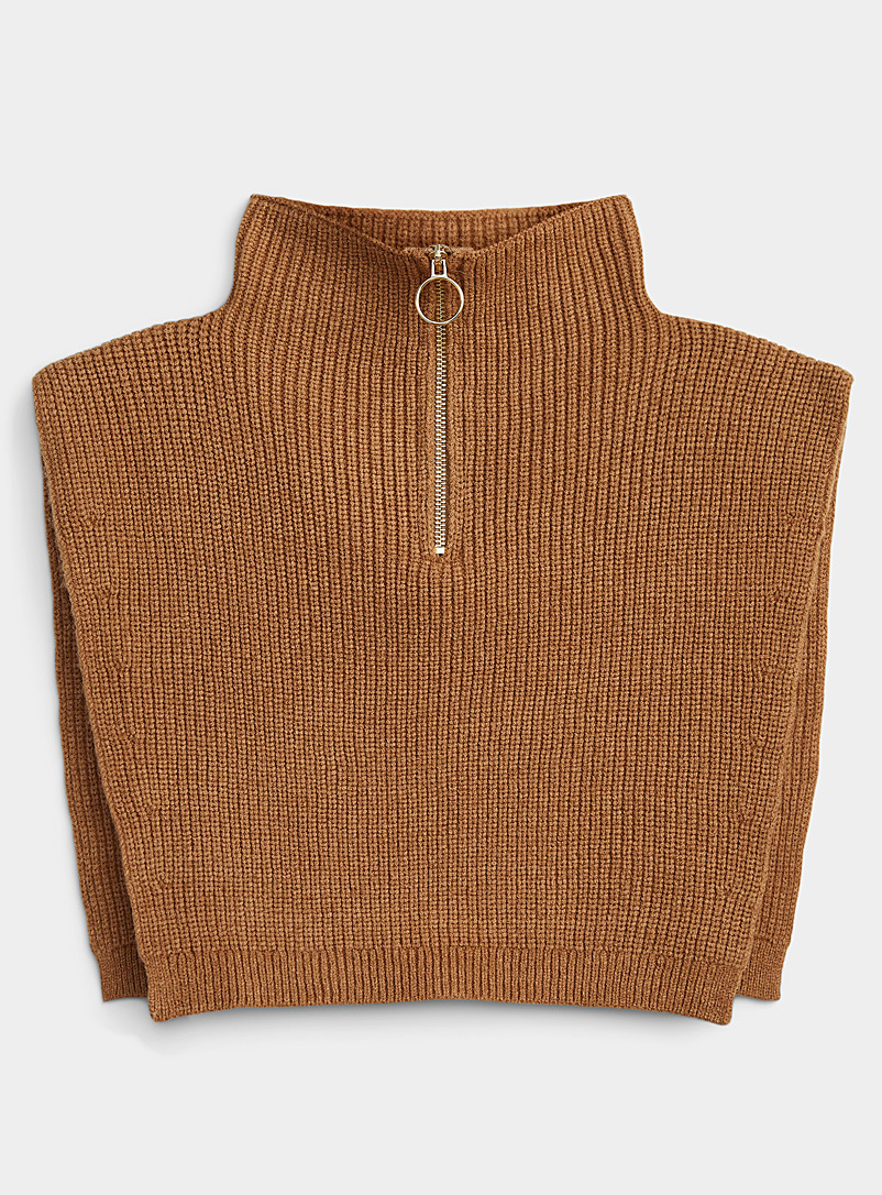 ICHI Medium Brown Ribbed knit metallic zip faux collar for women