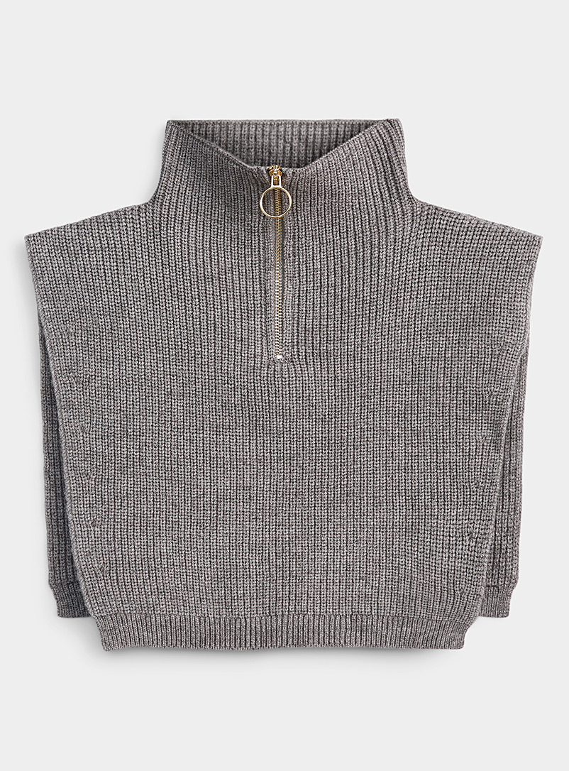 ICHI Medium Brown Ribbed knit metallic zip faux collar for women
