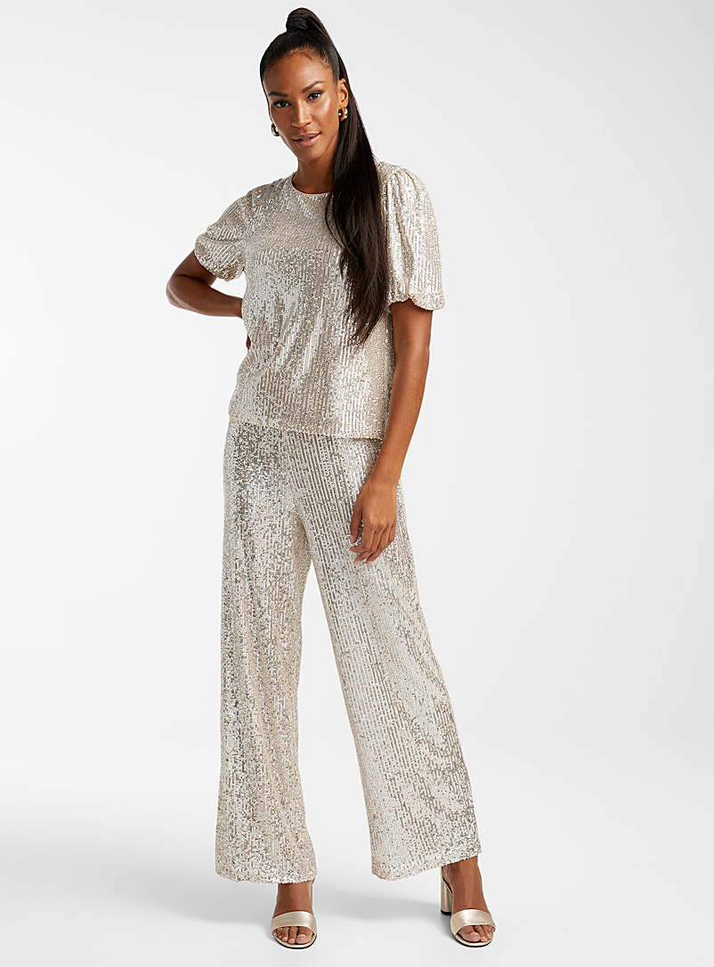 ICHI Silver Sequined wide-leg pant for women