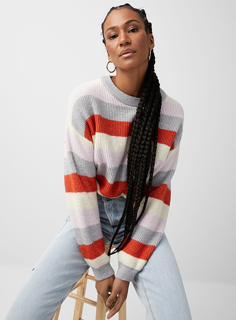 ICHI Dark Orange Block stripe sweater for women