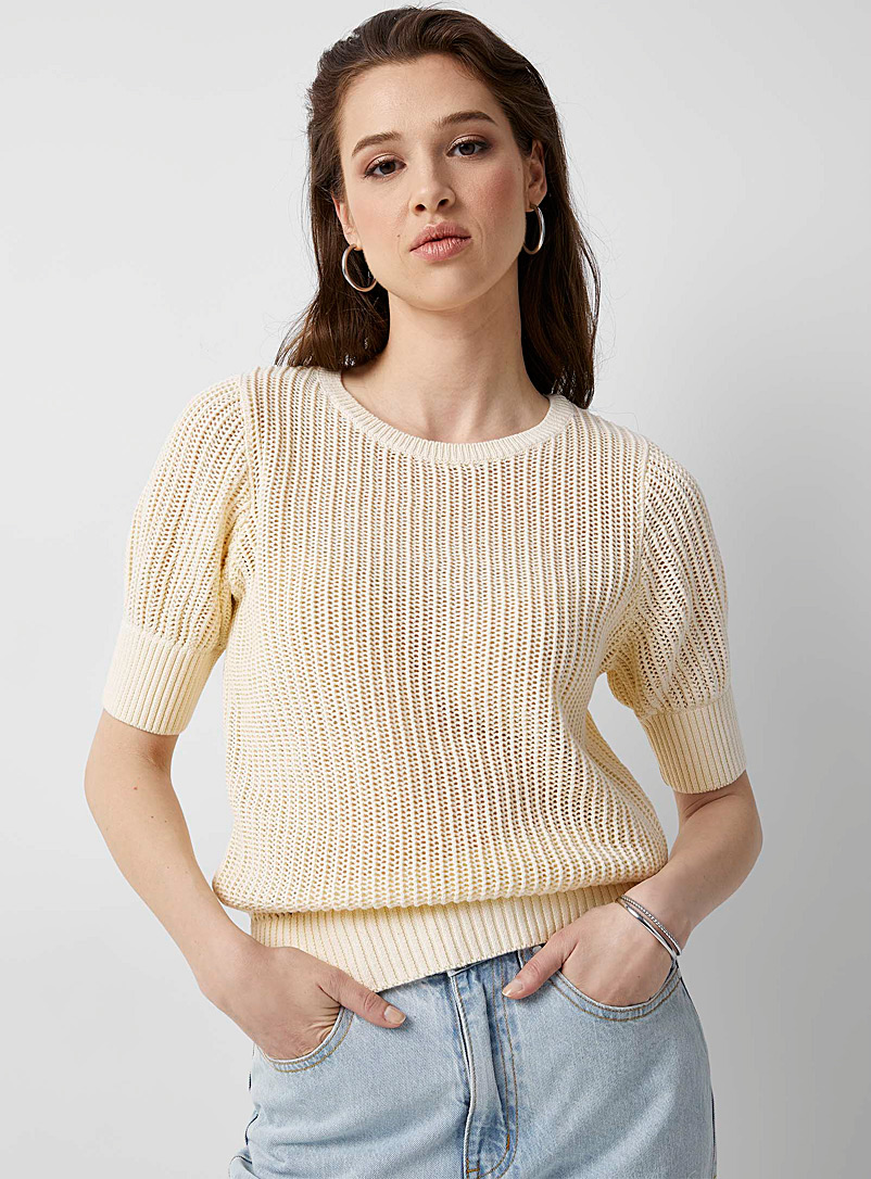 ICHI Cream Beige Vanilla openwork knit sweater for women