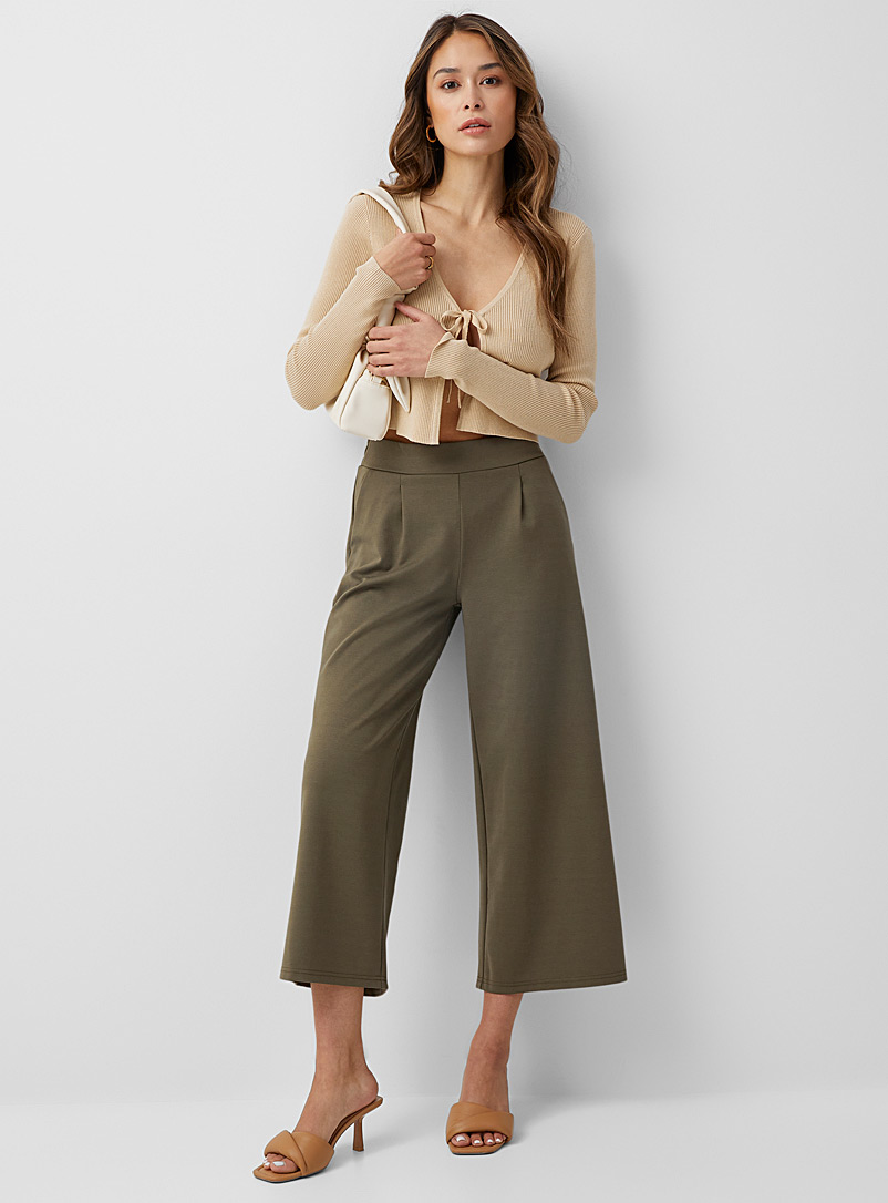 ICHI Khaki Structured jersey cropped pant for women