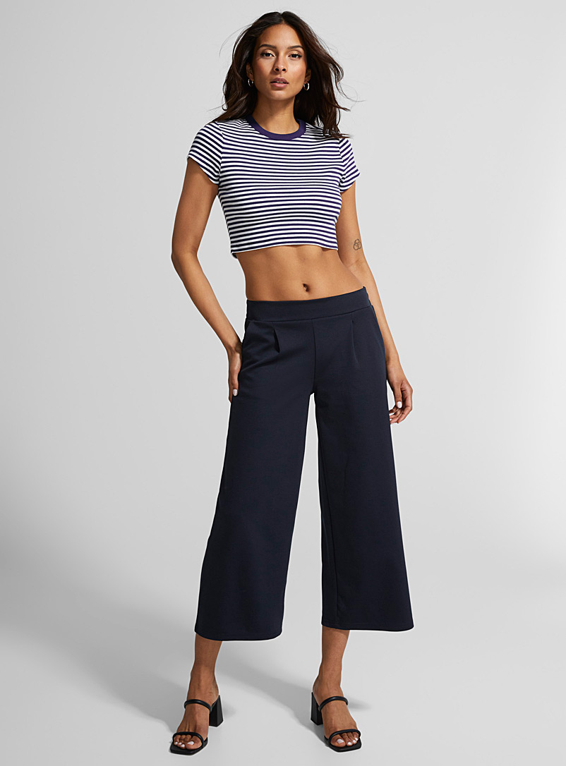 ICHI Navy/Midnight Blue Structured jersey cropped pant for women