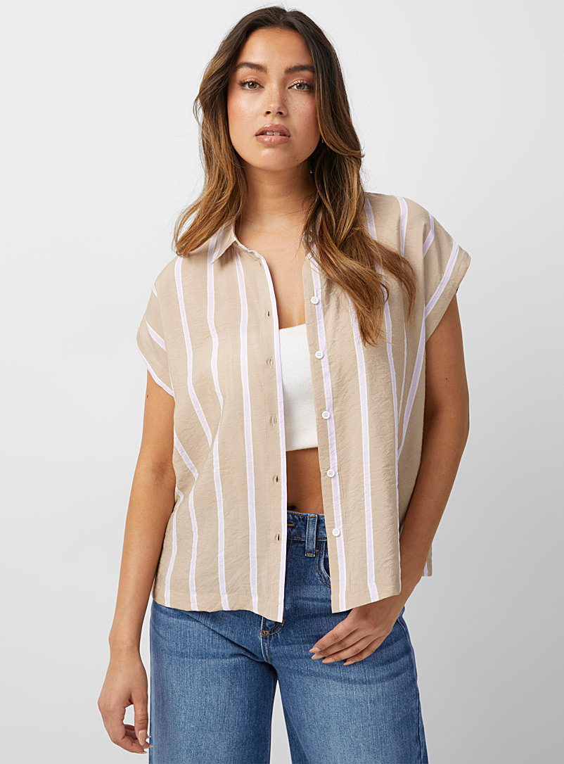 ICHI Patterned Ecru Lilac stripes boxy-fit shirt for women