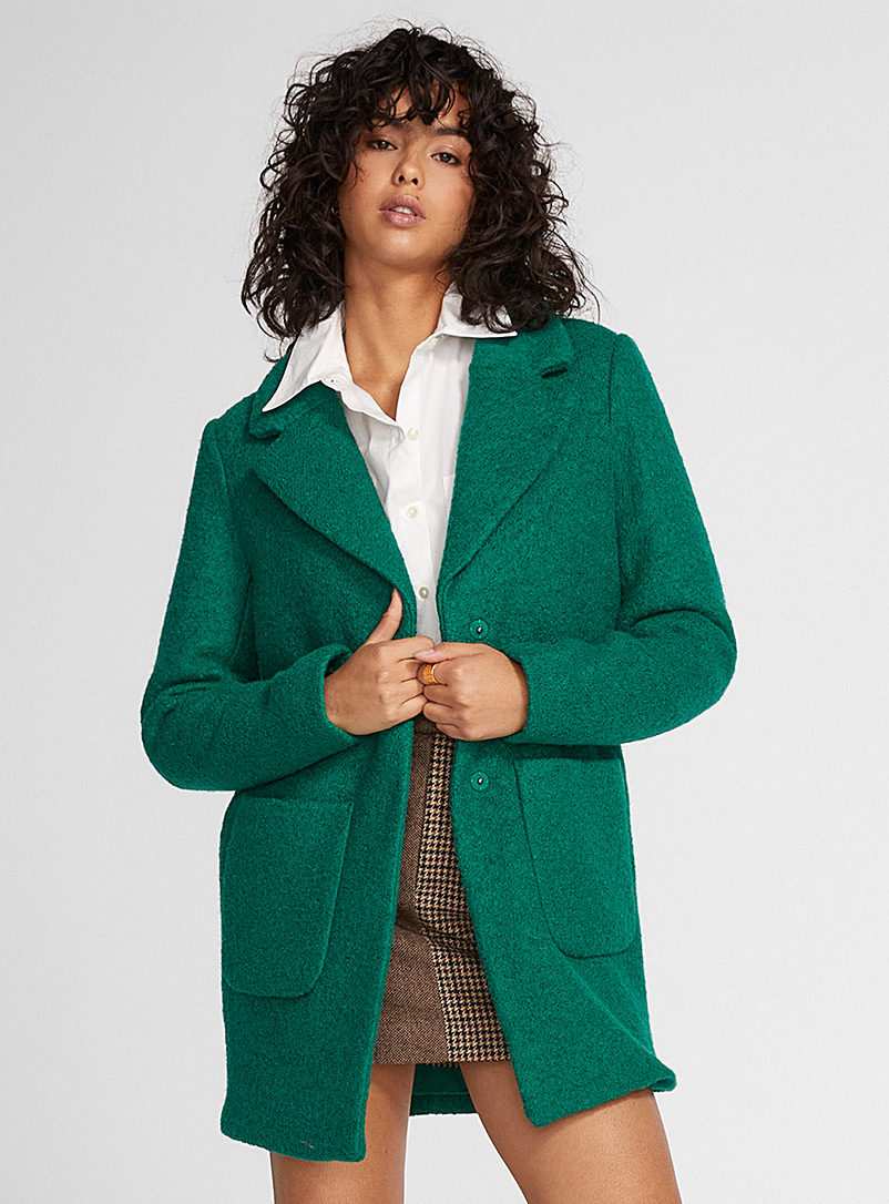 ICHI Green Large pocket bouclé wool coat for women