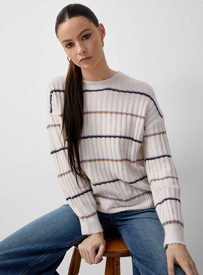 ICHI Patterned White Delicate stripes sweater for women