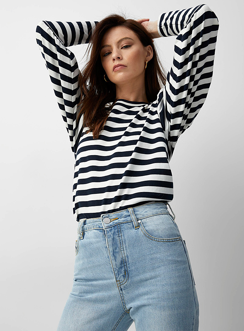 Icône Patterned Blue Navy stripes puff-sleeve T-shirt for women