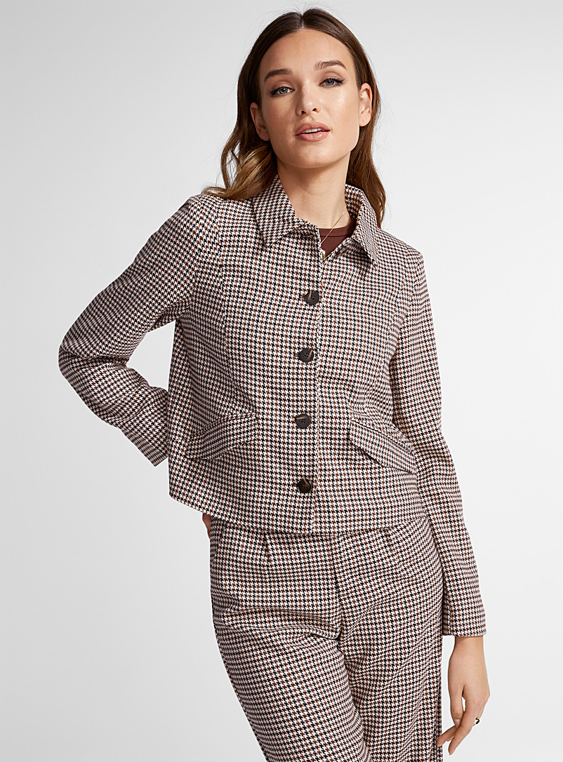 ICHI Patterned Brown Houndstooth cropped blazer for women