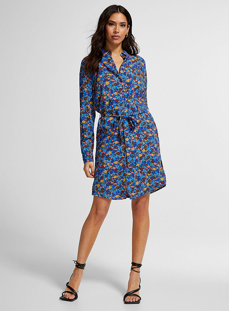 ICHI Patterned Blue Small flowers tie shirtdress for women