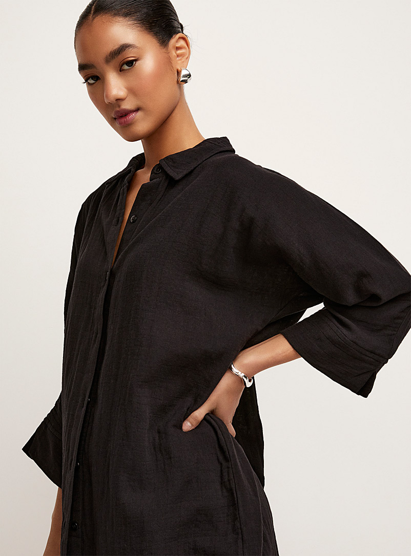 ICHI Black Pure cotton gauze oversized shirt for women