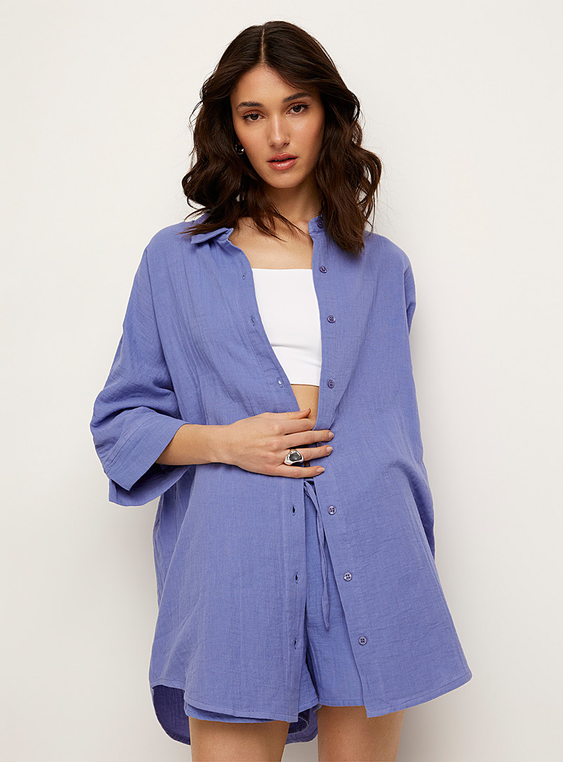 ICHI Blue Pure cotton gauze oversized shirt for women