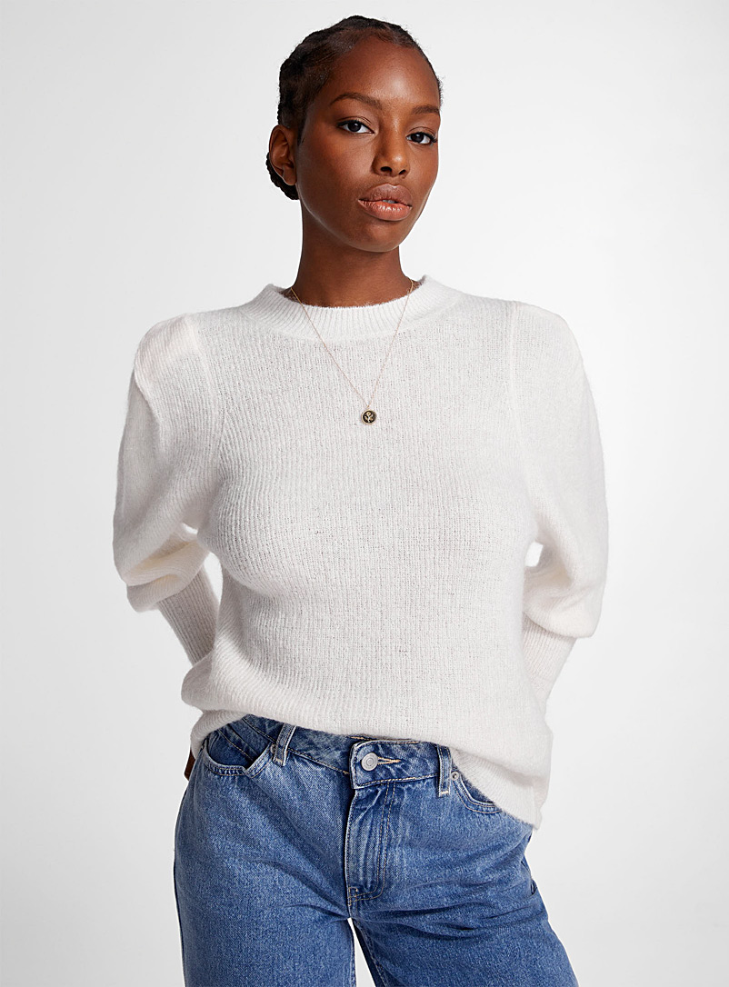 ICHI White Wool and mohair puff-sleeve sweater for women