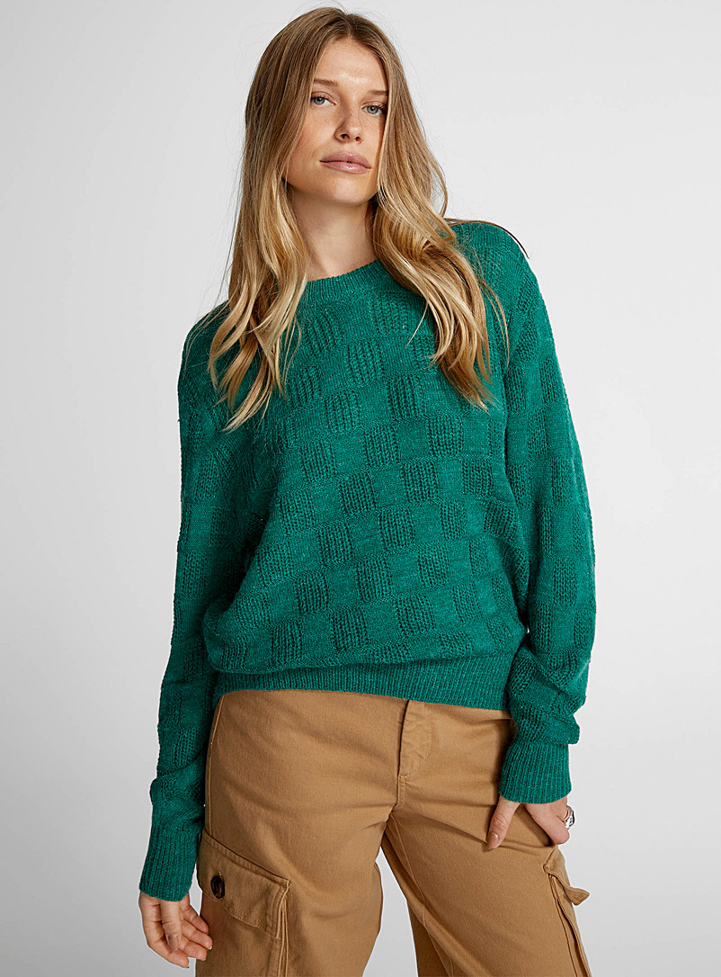 ICHI Green Textured checkerboard loose sweater for women