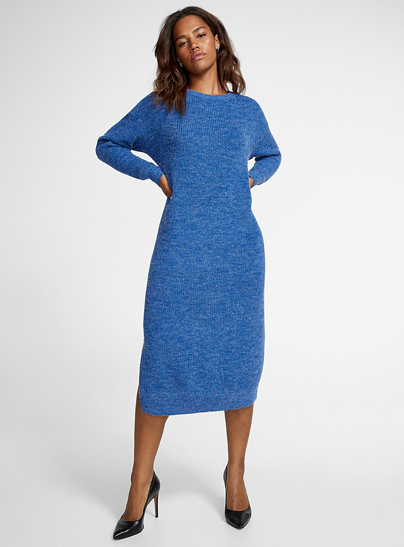 ICHI Electric blue Fuzzy knit midi dress for women