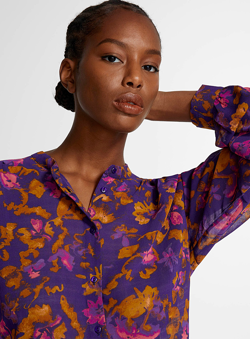 ICHI: La blouse diaphane abstraction violette Pourpre à motifs pour femme