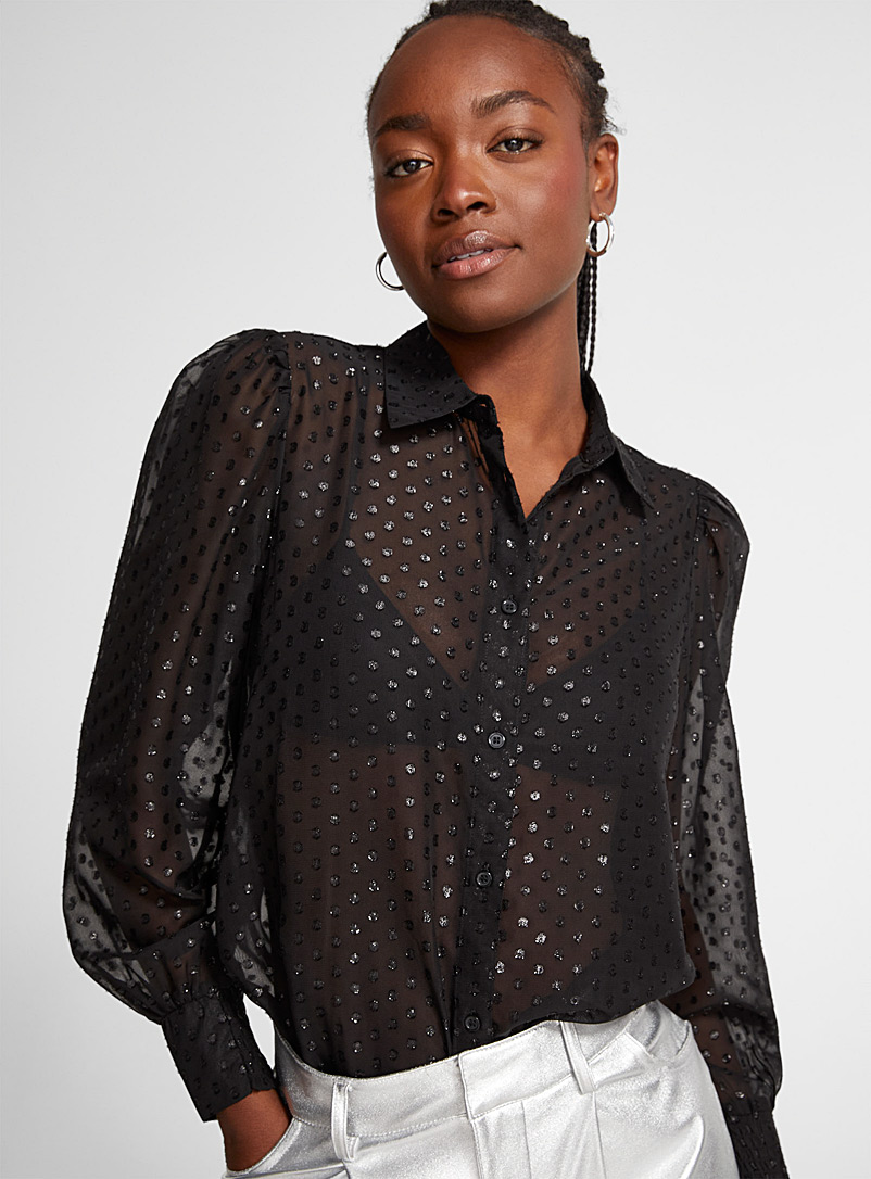 ICHI: La blouse ample diaphane plumetis scintillants Noir pour femme