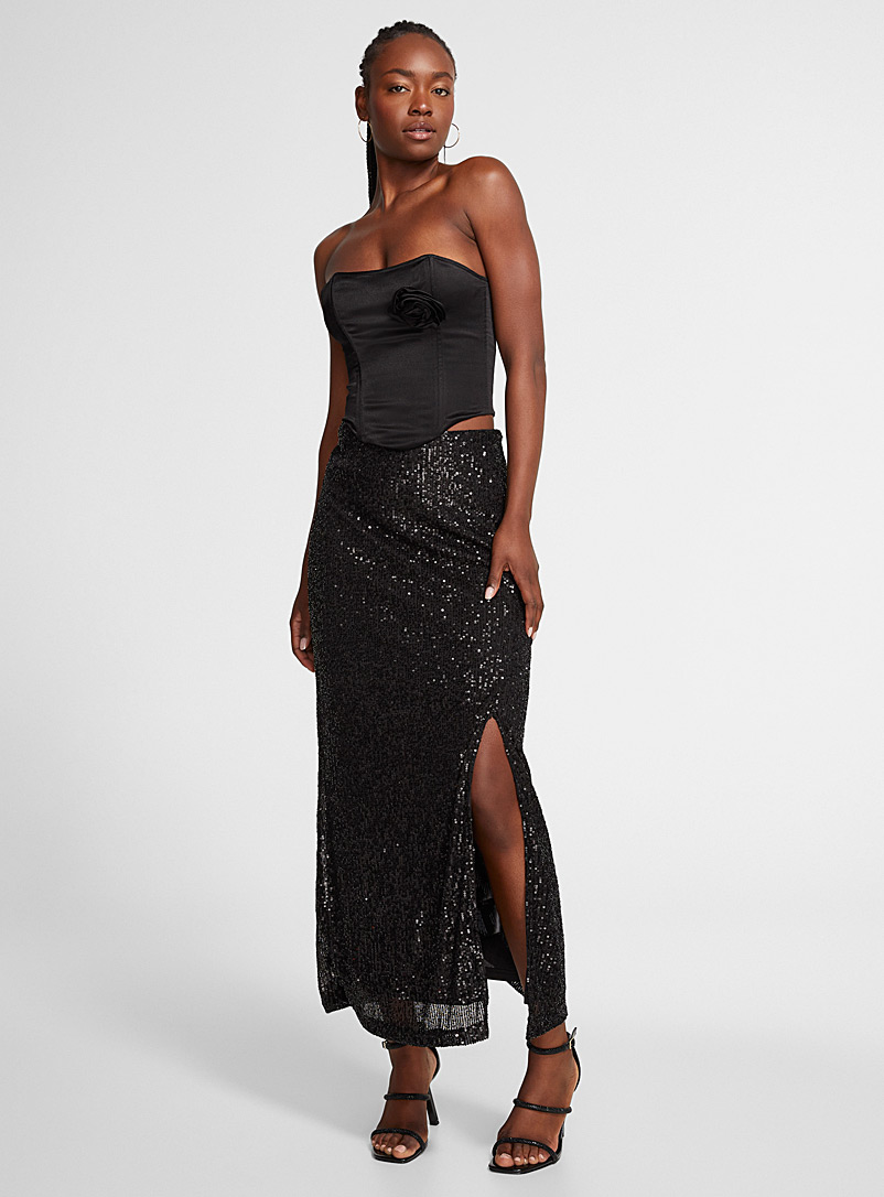ICHI Black Black sequins long slit skirt for women
