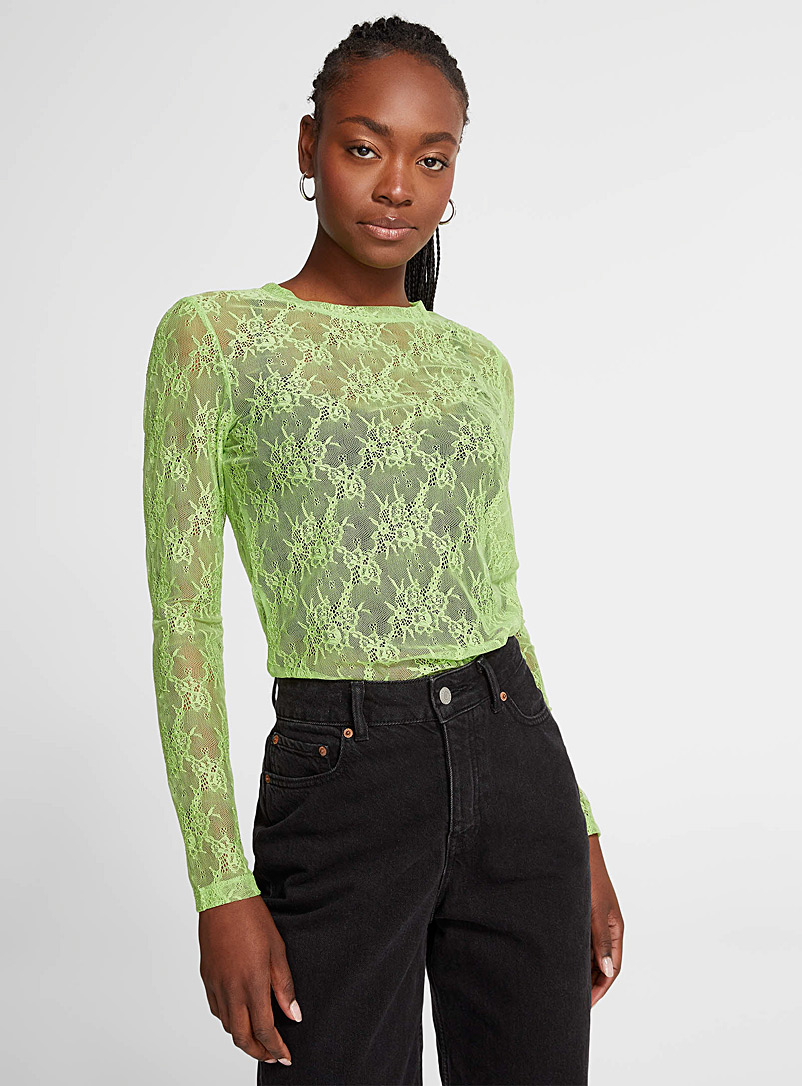 ICHI: Le t-shirt dentelle vert lime Vert pâle-lime pour femme
