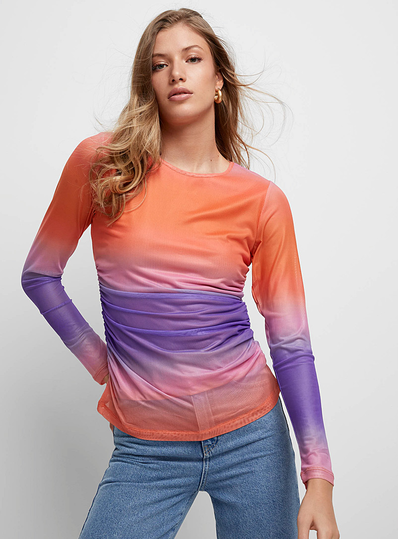 ICHI Patterned Orange Purple and orange gradient micromesh T-shirt for women