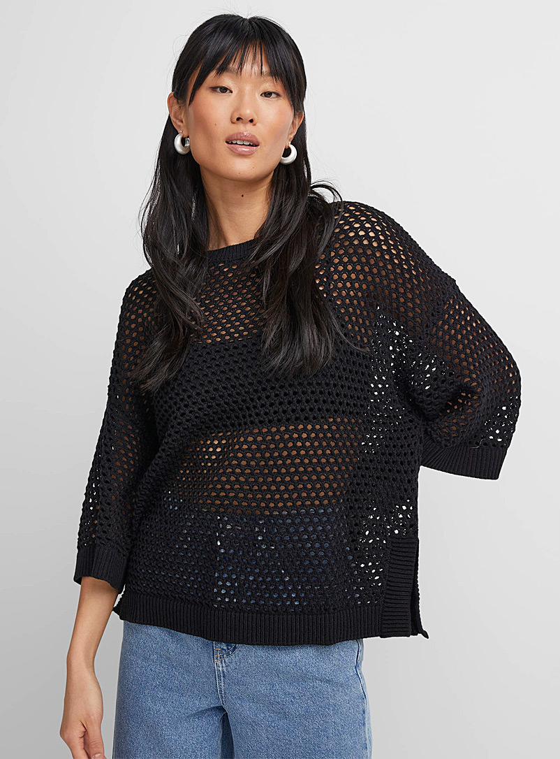 ICHI Black Short-sleeve openwork boxy-fit sweater for women