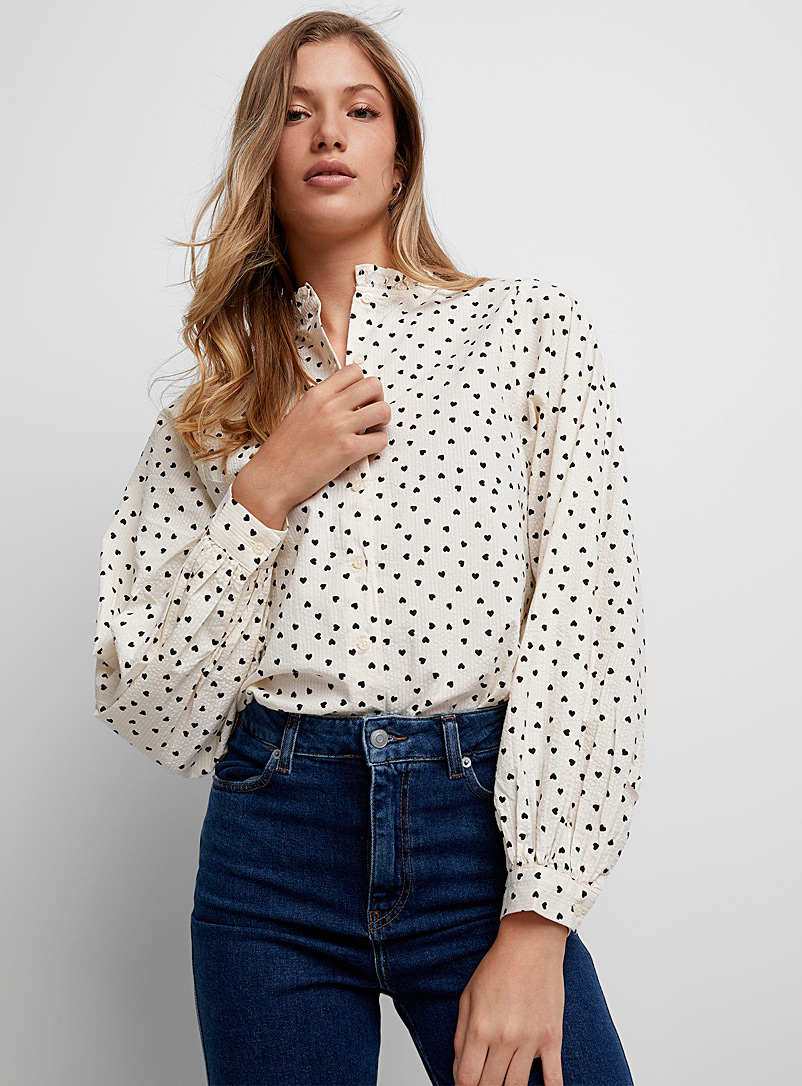 ICHI Patterned White Small hearts loose textured blouse for women