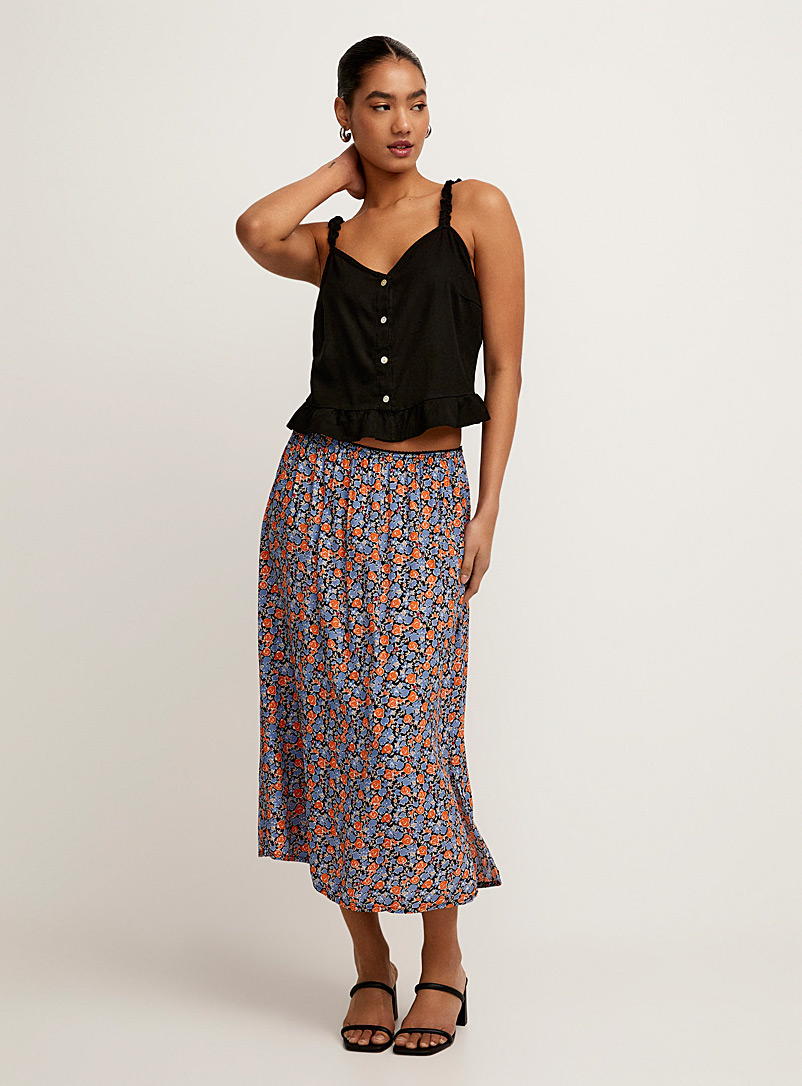 ICHI Patterned Blue Small colourful flowers midi skirt for women