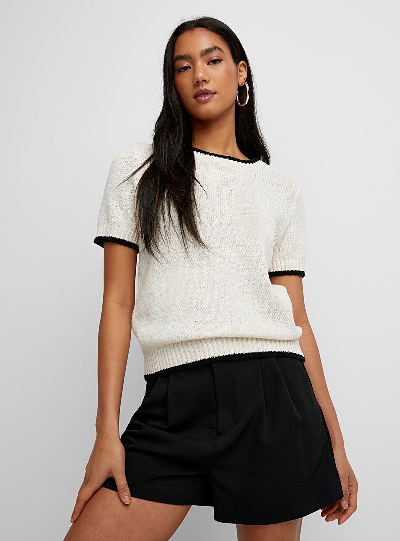 ICHI: Le chandail tricot ratiné liséré contraste Blanc pour femme