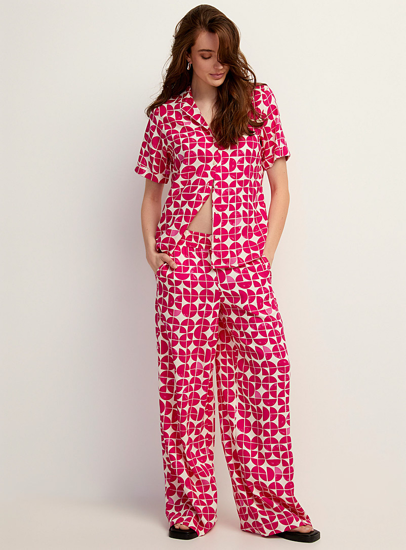 ICHI Pink Fuchsia geometric pattern wide-leg pant for women