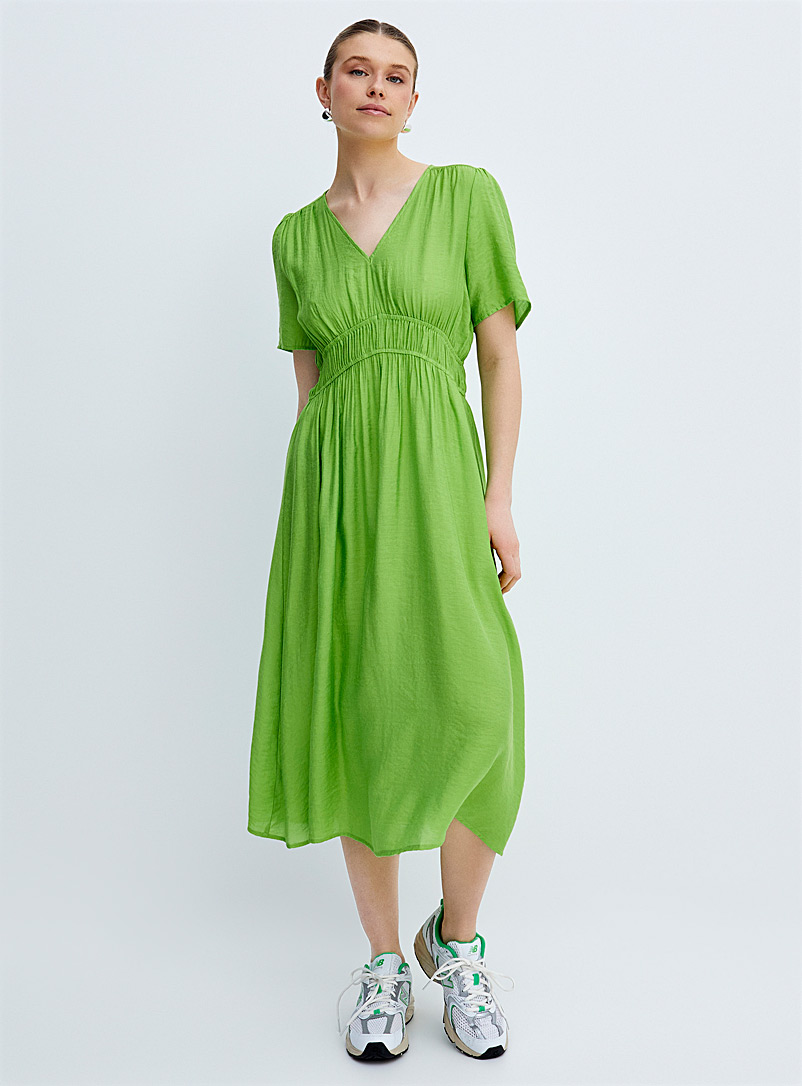 ICHI Green Ruffled waist lime green midi dress for women